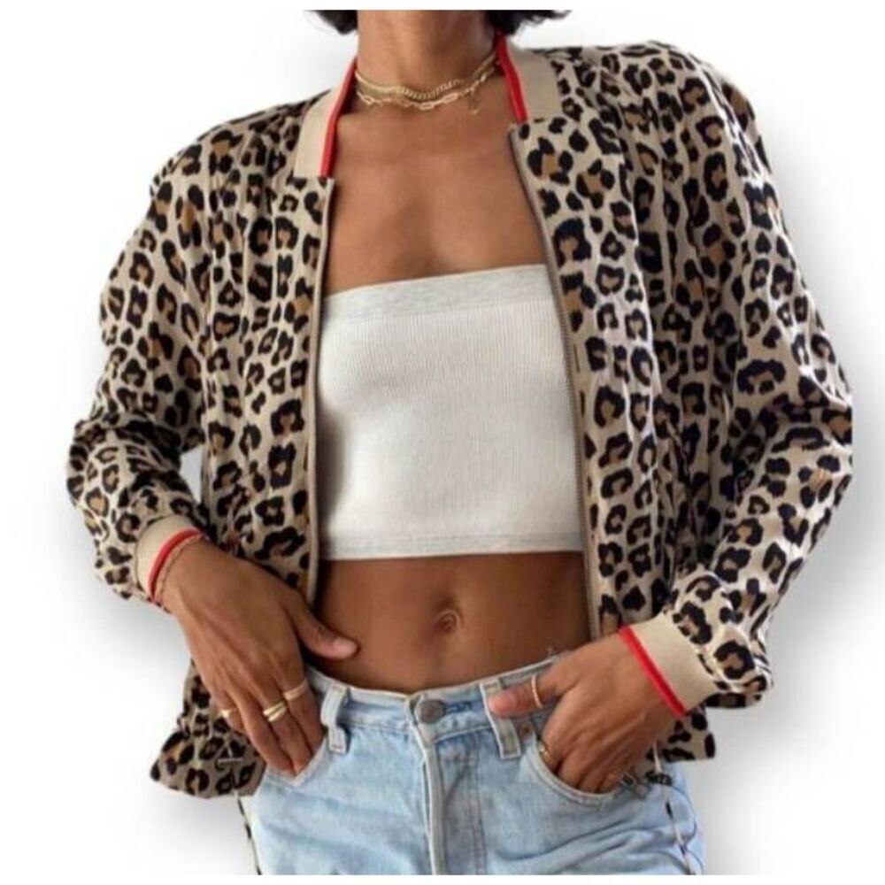 H&M LEOPARD PRINT CREAM, BLACK, & RED SATIN BOMBER JACKET SZ.4 EUC.